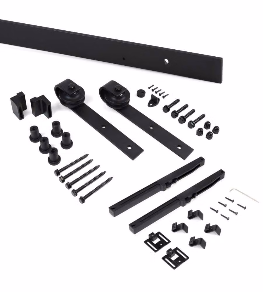 Sistema Barn Emuca per ante scorrevoli in legno sospese con chiusura soft in acciaio nero opaco, portata 60 Kg