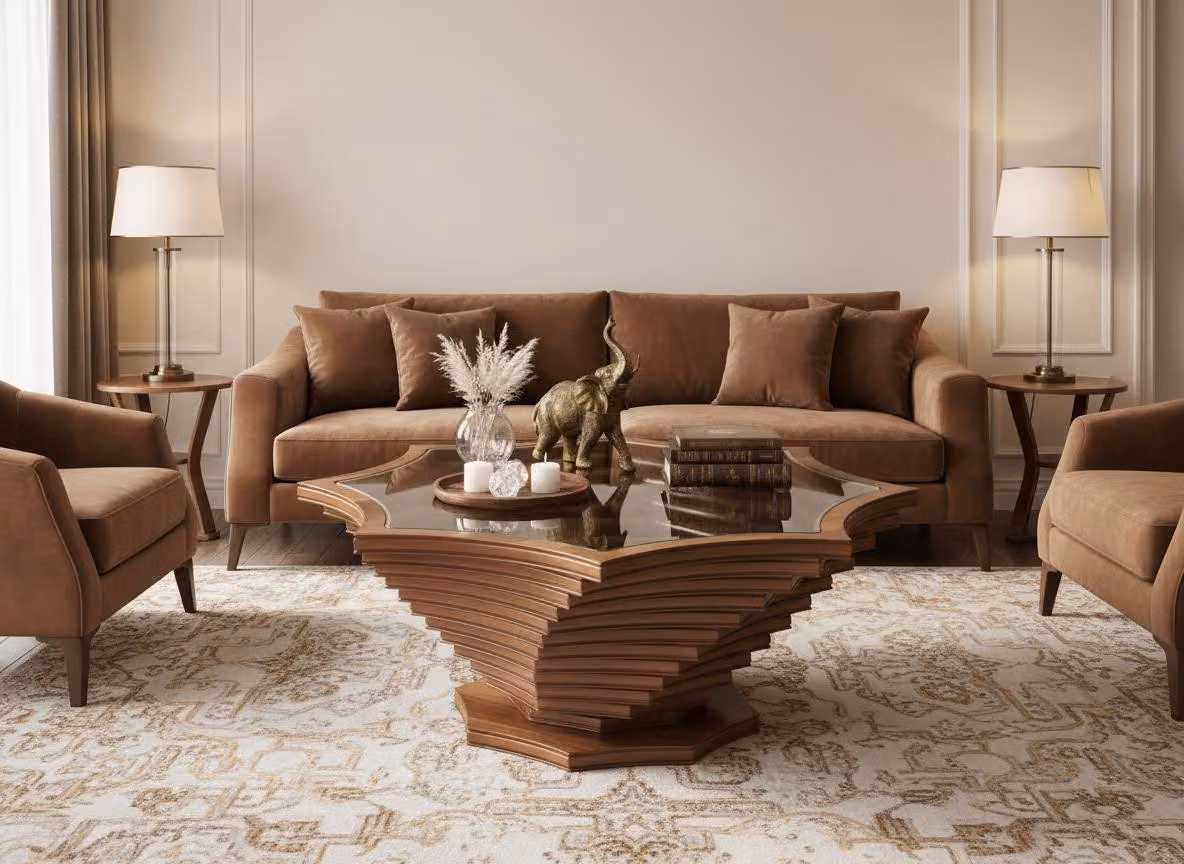 Tavolino da salotto moderno, minimalista, marrone, elegante, di classe, confortevole