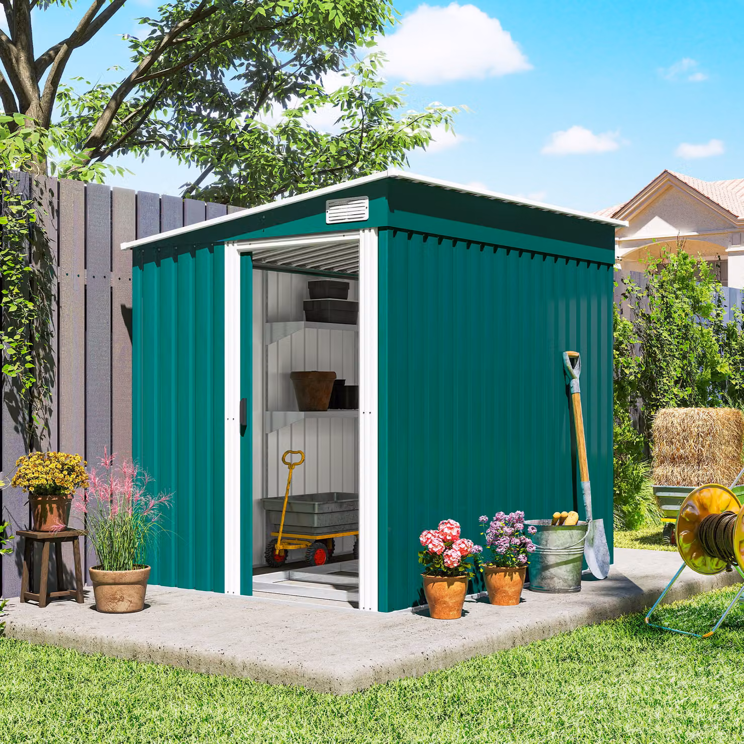 Capanno da giardino Outsunny in metallo verde con base, porta scorrevole e tetto inclinato, L/P: 200 x 150 cm – 2