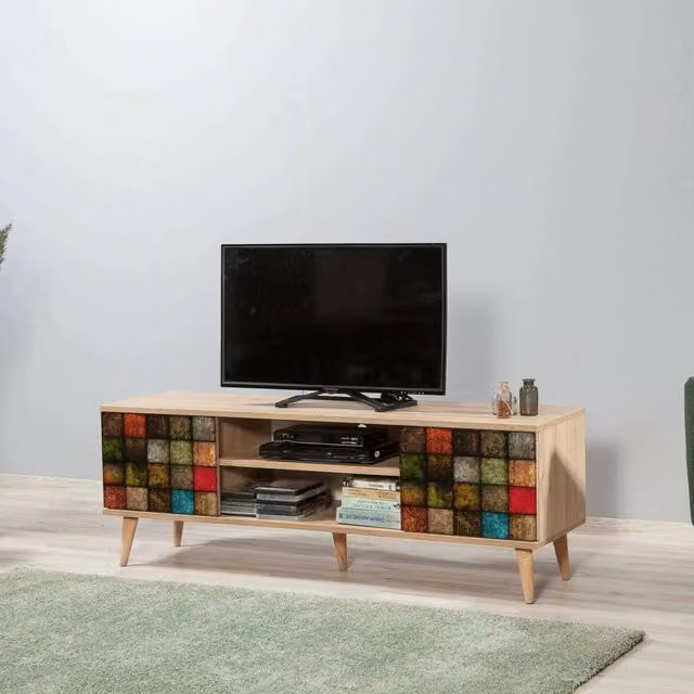 Mobile porta TV Enrica DMORA, Credenza da soggiorno moderna in legno e metallo, L: 140 cm, P: 40 cm, H: 50 cm, Multicolore