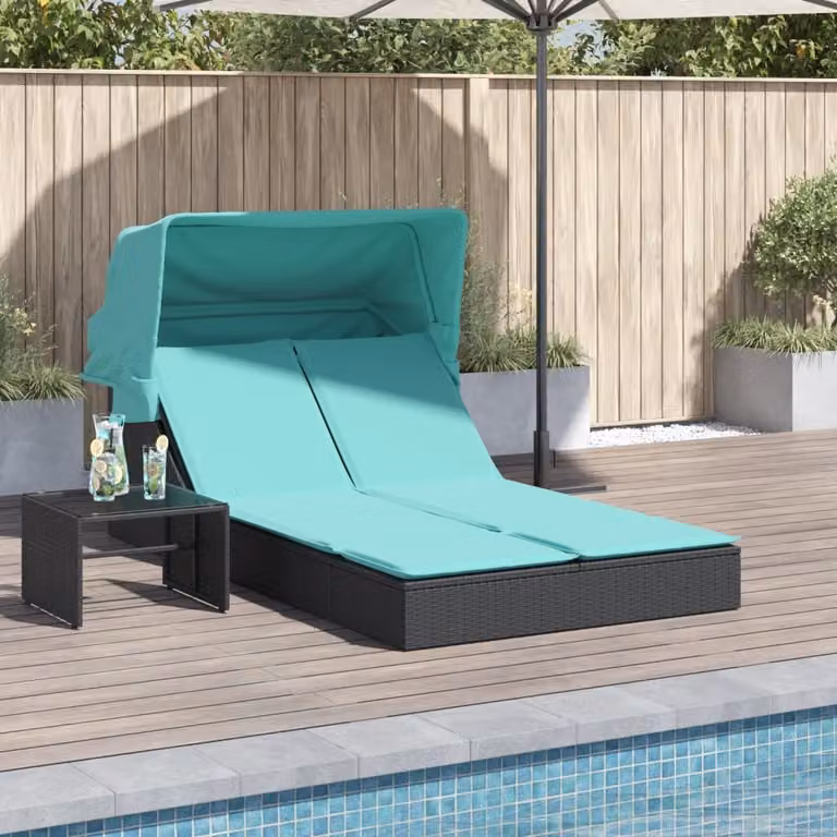vidaXL Lettino prendisole doppio in Polyrattan nero con tettuccio e cuscini turchesi per giardino