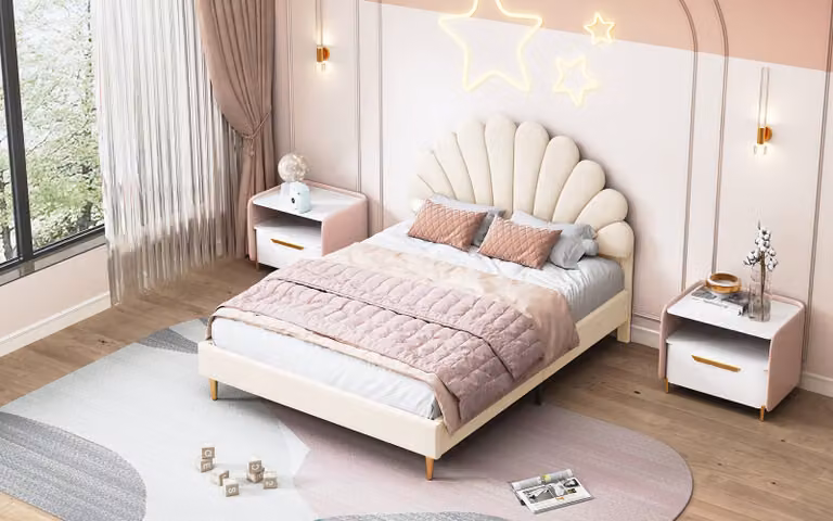 Letto imbottito ProximaX 140 x 200 cm con testata a forma di fiore, rete a doghe, letto matrimoniale per ragazzi e ragazze, letto per ospiti in tessuto vellutato delicato sulla pelle