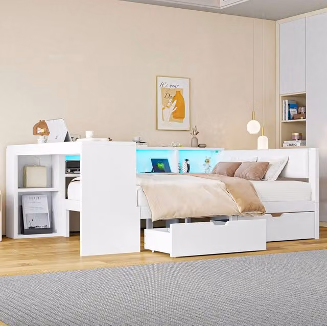 Letto 140x200 cm con contenitore; presa USB e LED in MDF; compensato; lino bianco