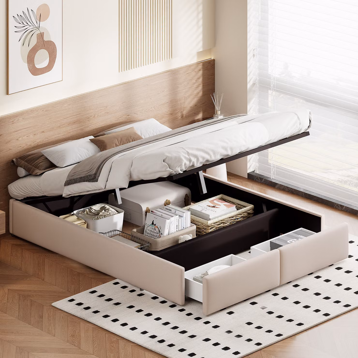 Letto imbottito Fortuna Lai 160*200cm, struttura letto in lino con rete a doghe, con contenitore idraulico e 2 cassetti, letto matrimoniale letto matrimoniale, montaggio facile, beige