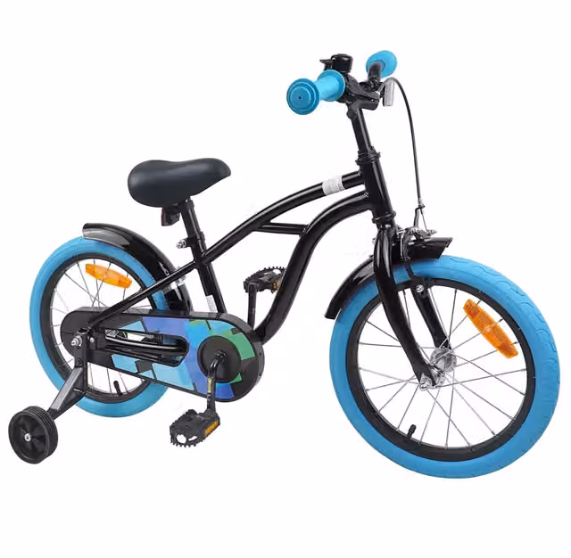 Bicicletta per bambini da 16 pollici colore nero con componenti in metallo e gomma
