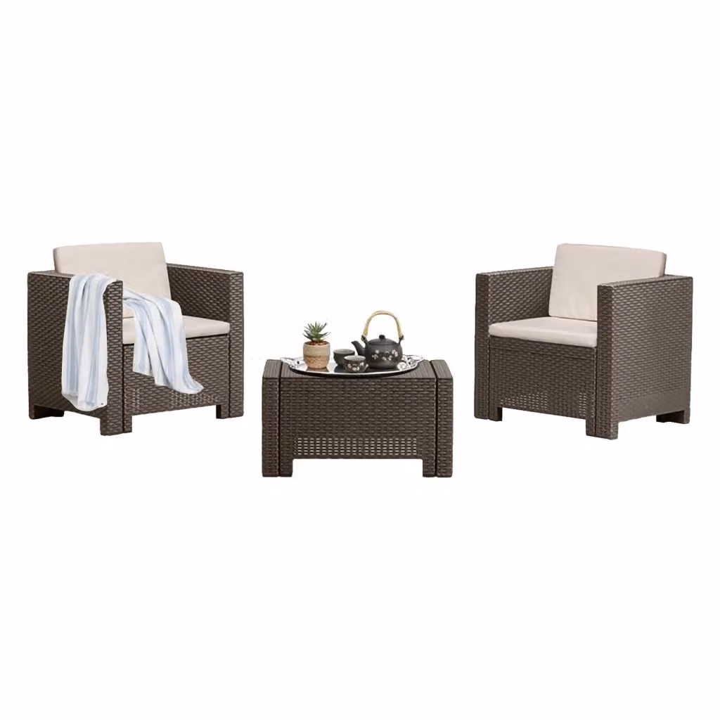 Set salotto da esterno DMORA marrone con poltrone lounge, tavolino da caffè e cuscini inclusi – 2
