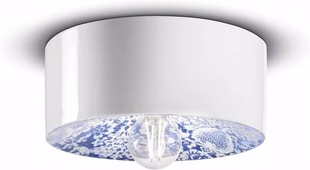 Plafoniera a soffitto Ferroluce in ceramica stile Art Déco Ming blu e bianca con attacco E27
