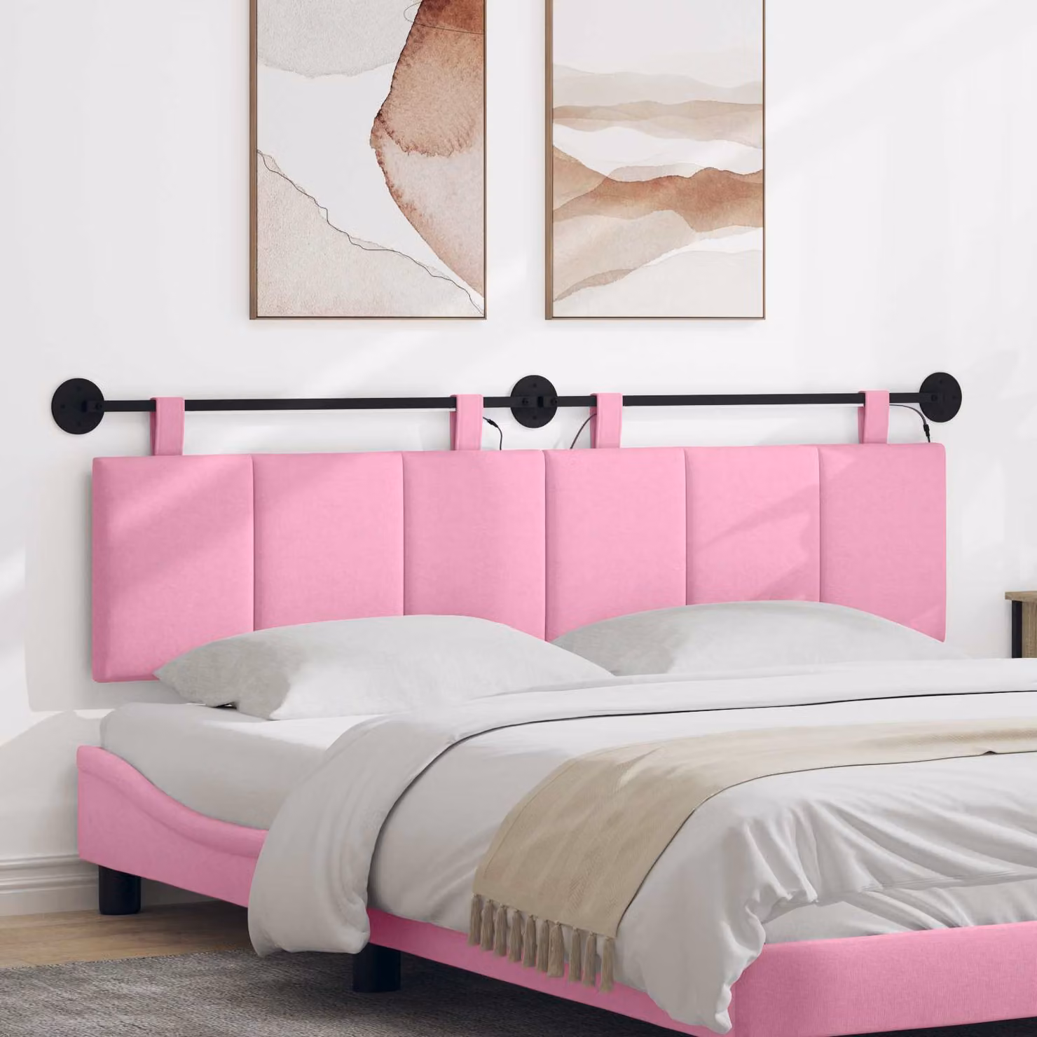 Testiera per letto sospesa vidaXL in tessuto rosa con illuminazione LED integrata e design moderno