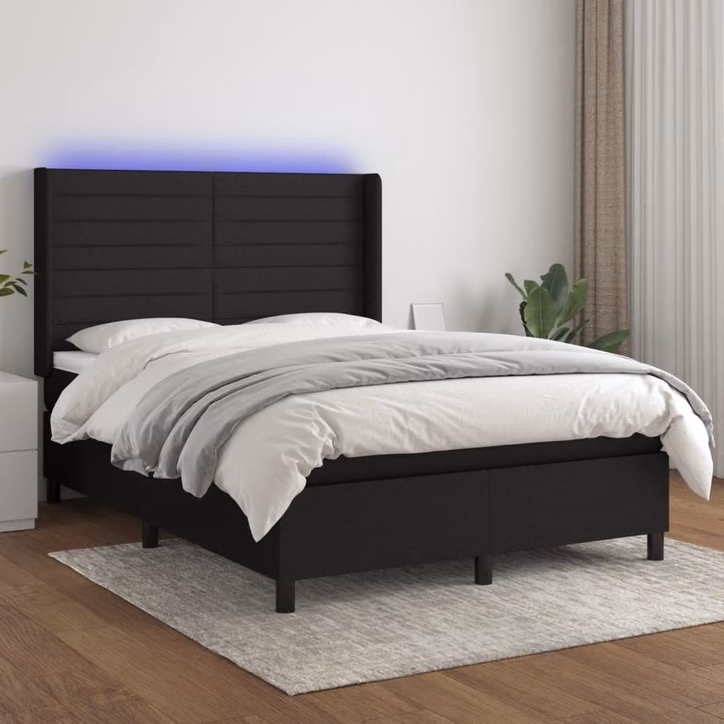 vidaXL Letto a molle con materasso e LED in tessuto nero 140x190 cm - Letto a molle - Boxspringbetten - Bett - Schlafzimmermöbel