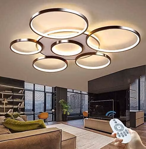 Lampada a soffitto LED moderna, grande, per soggiorno, con dimmer, telecomando, design a cerchio, adatta per soffitto, camera da letto, luce a soffitto, paralume in acrilico, ideale per sala da pranzo, cucina, ufficio, lampada a sospensione, 7 luci