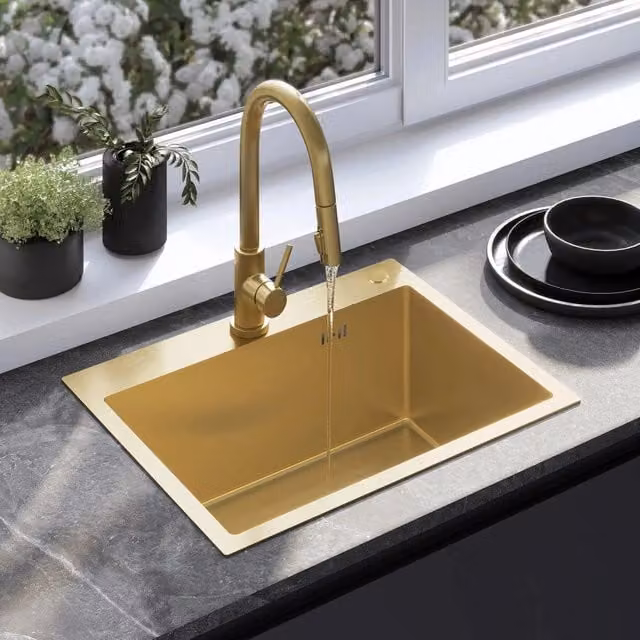 Lavello da cucina in acciaio Rea colore Gold Brush senza rubinetto – 1