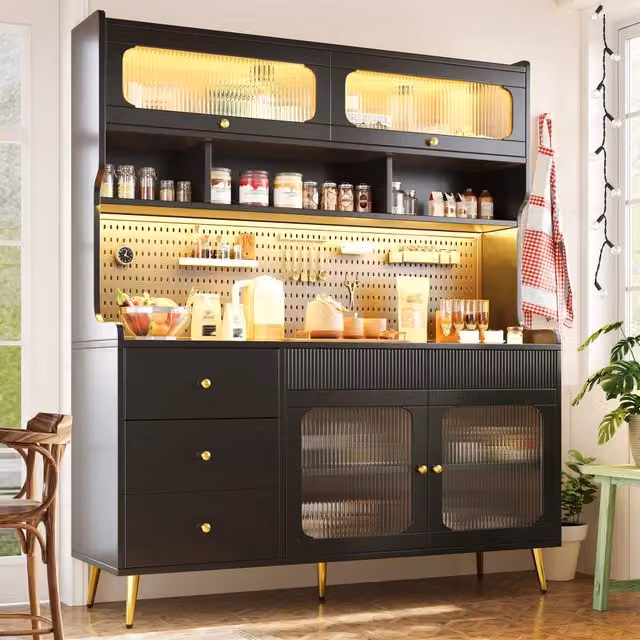 Credenza e madia alta con LED controllati tramite app e telecomando 1 cassetto in MDF e vetro nero 145 × 39 × 171 cm