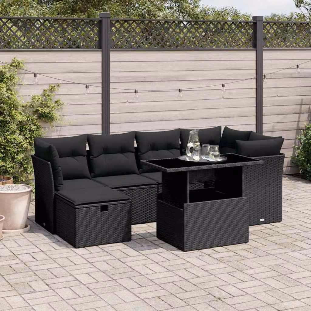 Set di Divani da Giardino vidaXL a Forma di L con Cuscini e Tavolino, 7 Pezzi, Polyrattan Nero – 1