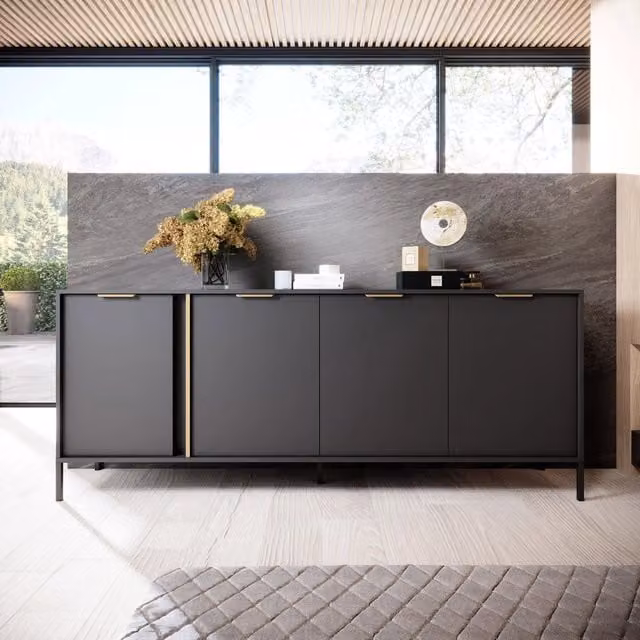Madia Hamebati DMORA con 4 ripiani, Credenza moderna in nero antracite e oro, L: 203 cm, P: 40 cm, H: 81 cm