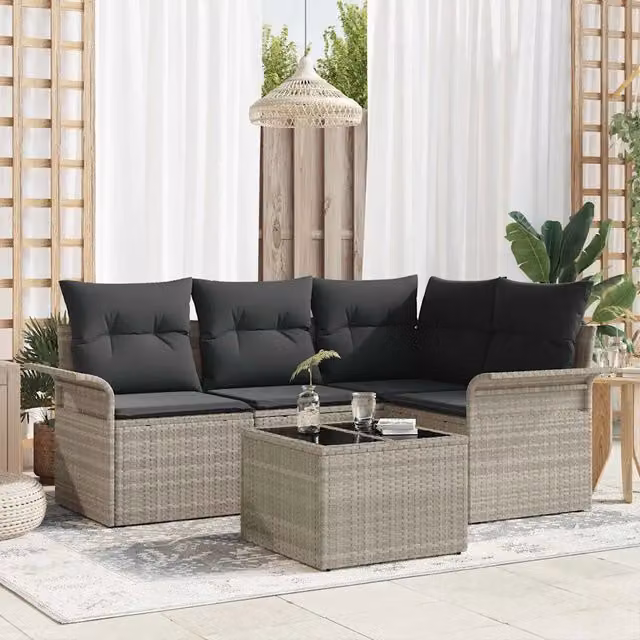 Set Divano da Giardino 5 pz vidaXL in Polyrattan Grigio con Tavolo in Vetro e Struttura in Metallo – 1