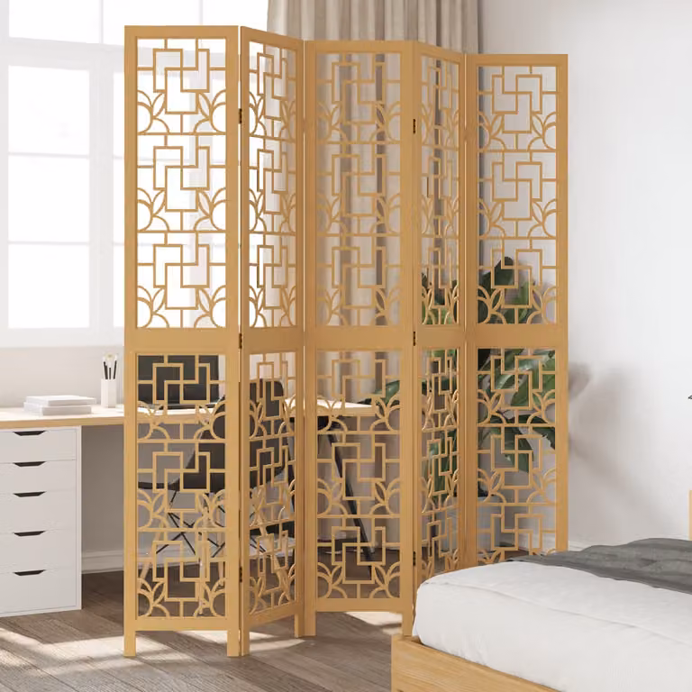 Divisorio Ambienti vidaXL con 5 Pannelli in Legno Massello di Paulownia Marrone, Design Geometrico Orientale, H: 180 cm, L: 220 cm