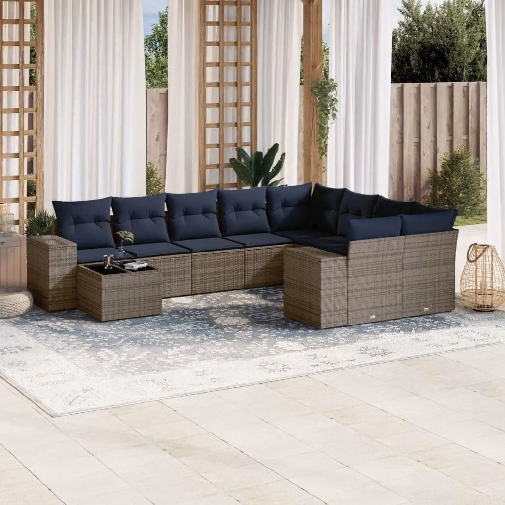 Set di divani da giardino vidaXL in polyrattan grigio con cuscini e tavolino da esterno a forma di L