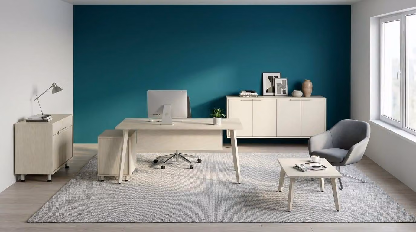 Set completo di mobili per ufficio: scrivania, mobiletto laterale, cassettiera, colore bianco, design moderno