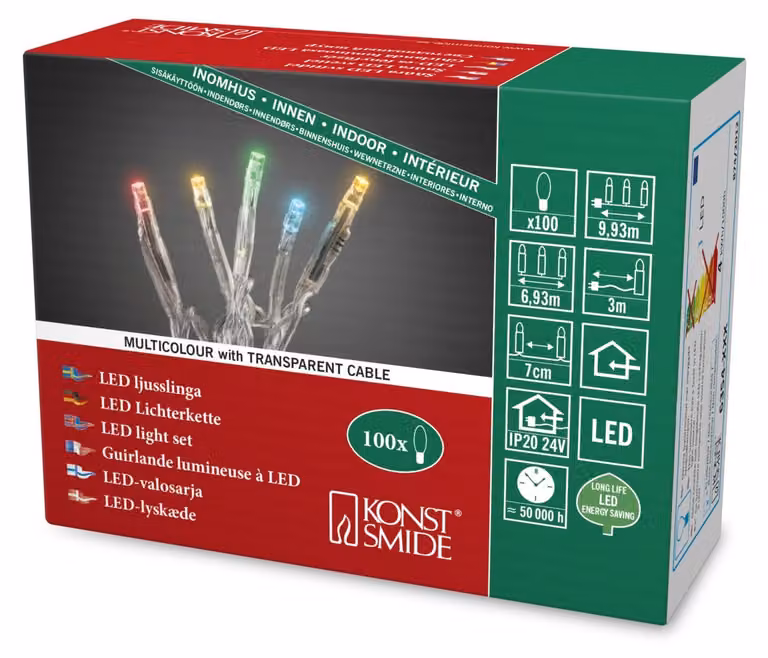 Catena luminosa a micro LED, 100 diodi colorati, 24 V, trasparente