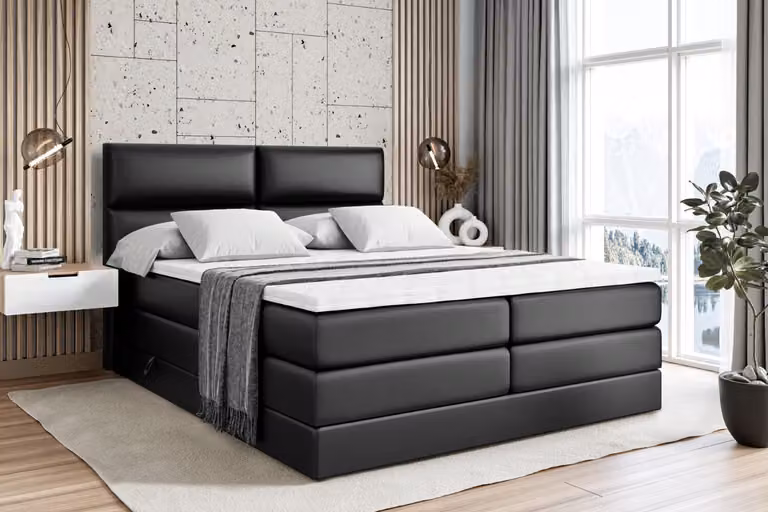 Letto boxspring ALTDECOR con 2 materassi e topper - 200x200 cm - BOXI3 KING - Pelle finta nera - Letto imbottito con materassi H3 e H4, contenitore e rete a doghe, letto con spazio contenitivo