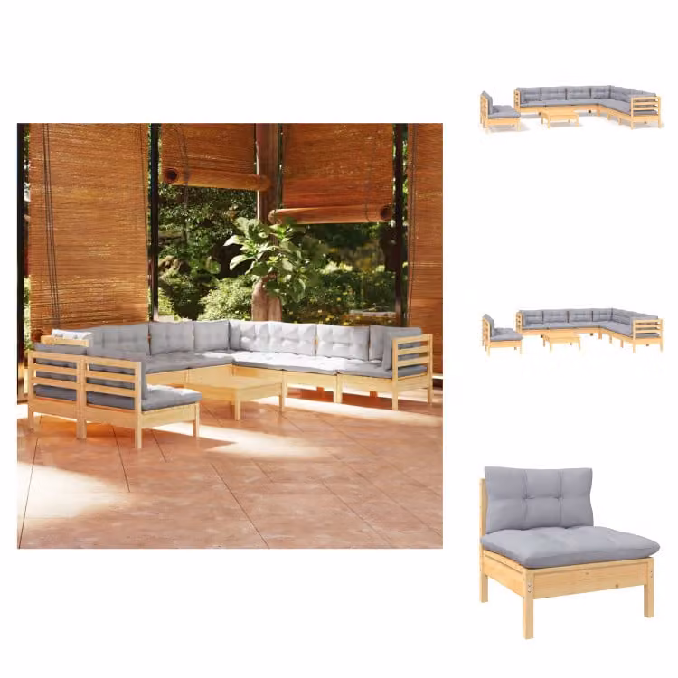 vidaXL Set di 10 pezzi da giardino con cuscini grigi in pino massiccio - Set di mobili da giardino