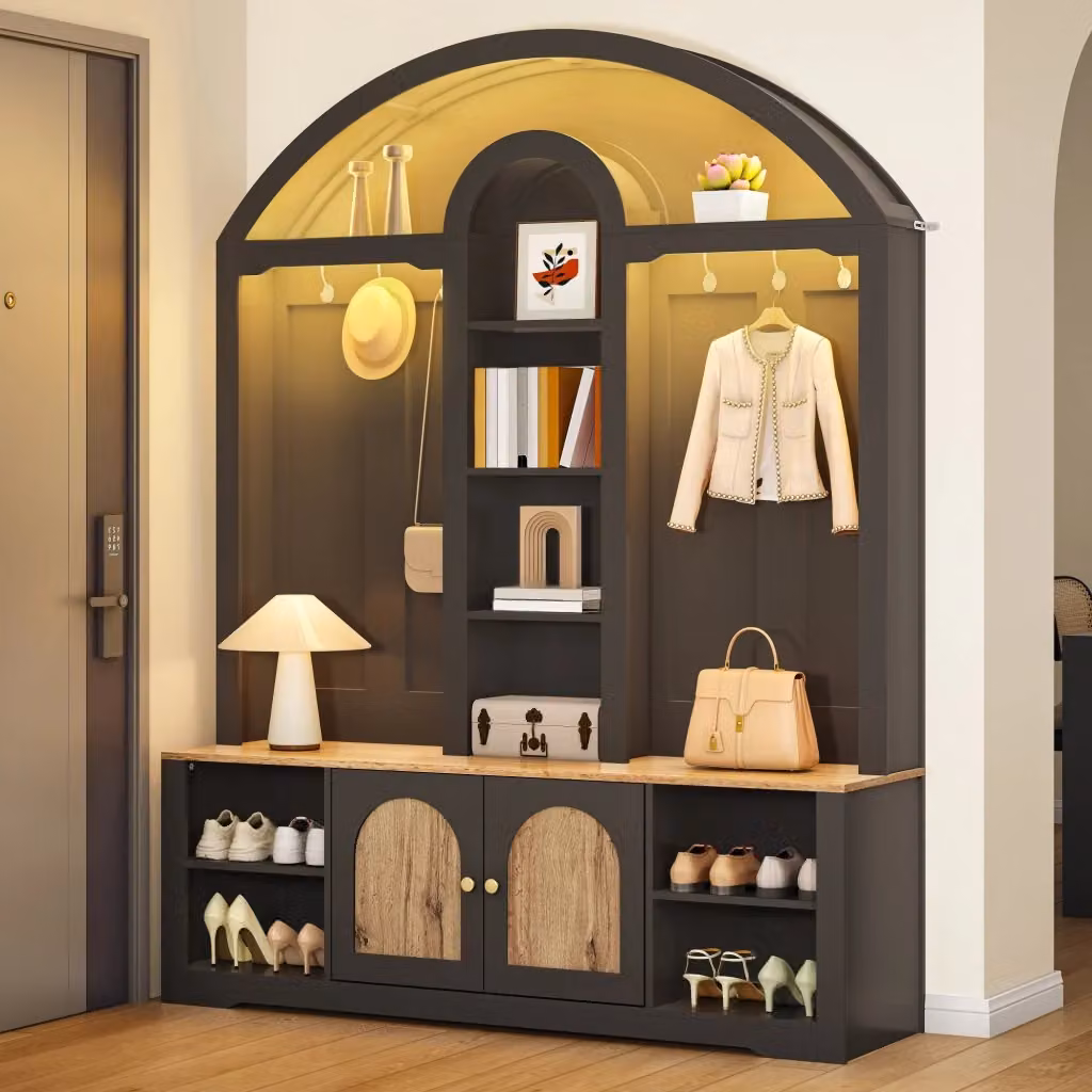 Guardaroba da ingresso Mivray moderno in MDF e metallo nero con ante, ripiani interni, illuminazione integrata e ganci distribuiti L/P/H: 150 x 40 x 195 cm – 2