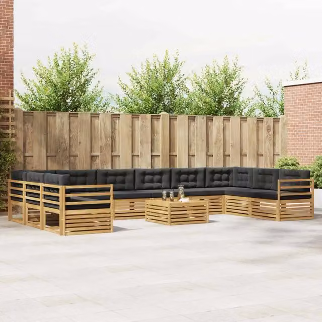 Set di divani da giardino a L con tavolo da caffè vidaXL in legno di acacia marrone e grigio con 11 pezzi e cuscini inclusi – 1