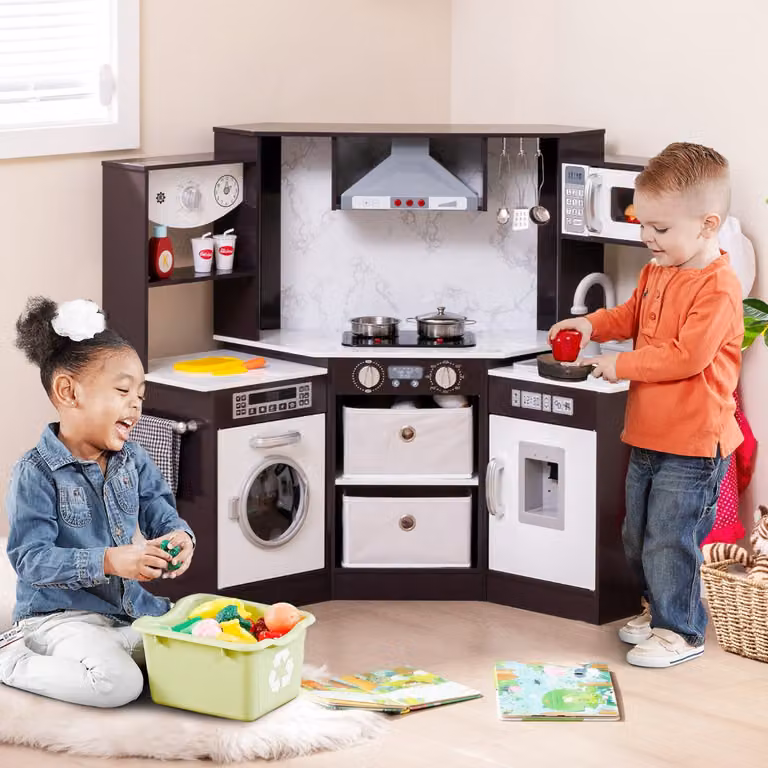 Cucina giocattolo per bambini Costway in legno con luci e suoni realistici, colore marrone e bianco