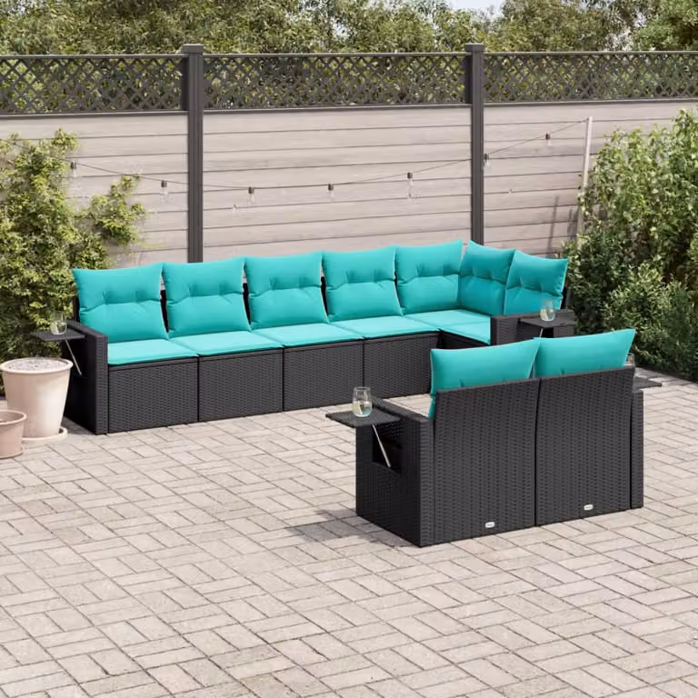 Set di divani da giardino vidaXL in polyrattan nero con cuscini, componibile a forma di L per esterno