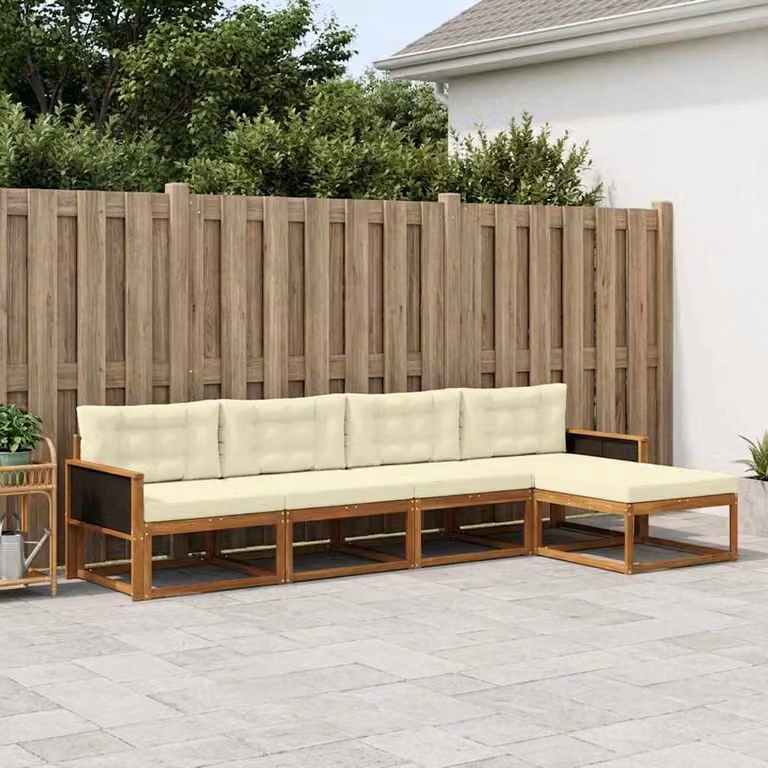 Set di divani da esterno vidaXL 5 pz in legno di acacia con cuscini beige e marrone a forma di L per giardino e terrazza