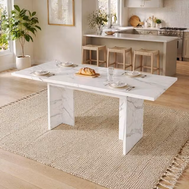 Tavolo da pranzo allungabile 140/180x80 cm; MDF; effetto marmo bianco; per 6-8 persone