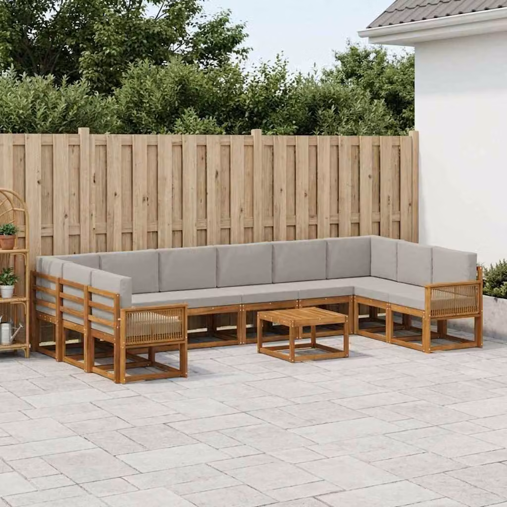 vidaXL Set di divani da esterno 11 pezzi in legno di acacia con cuscini, colore beige e grigio