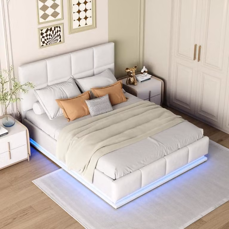 Letto matrimoniale - Letto contenitore - Letto con boxspring - Letto con LED - Letto in ecopelle - Bianco - Con illuminazione a LED