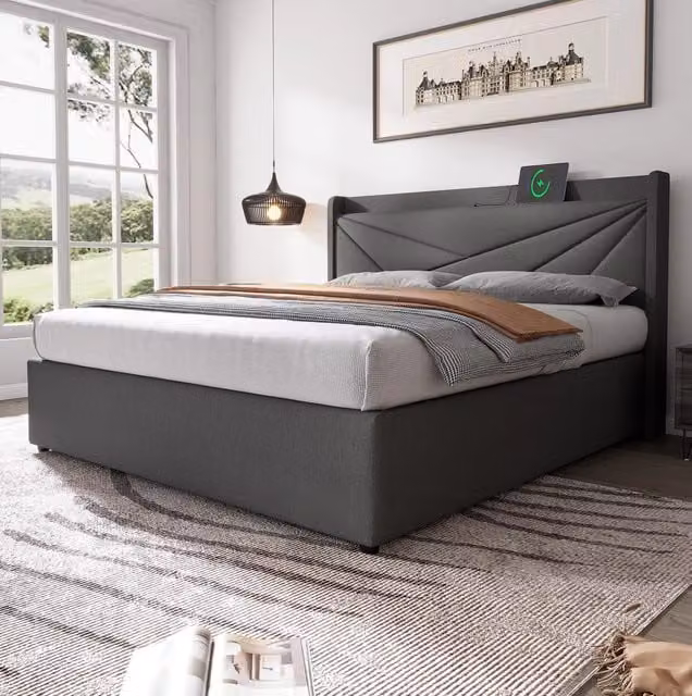 Letto matrimoniale 180x200 cm grigio, rivestimento cotone e lino vano contenitore USBC, senza materasso