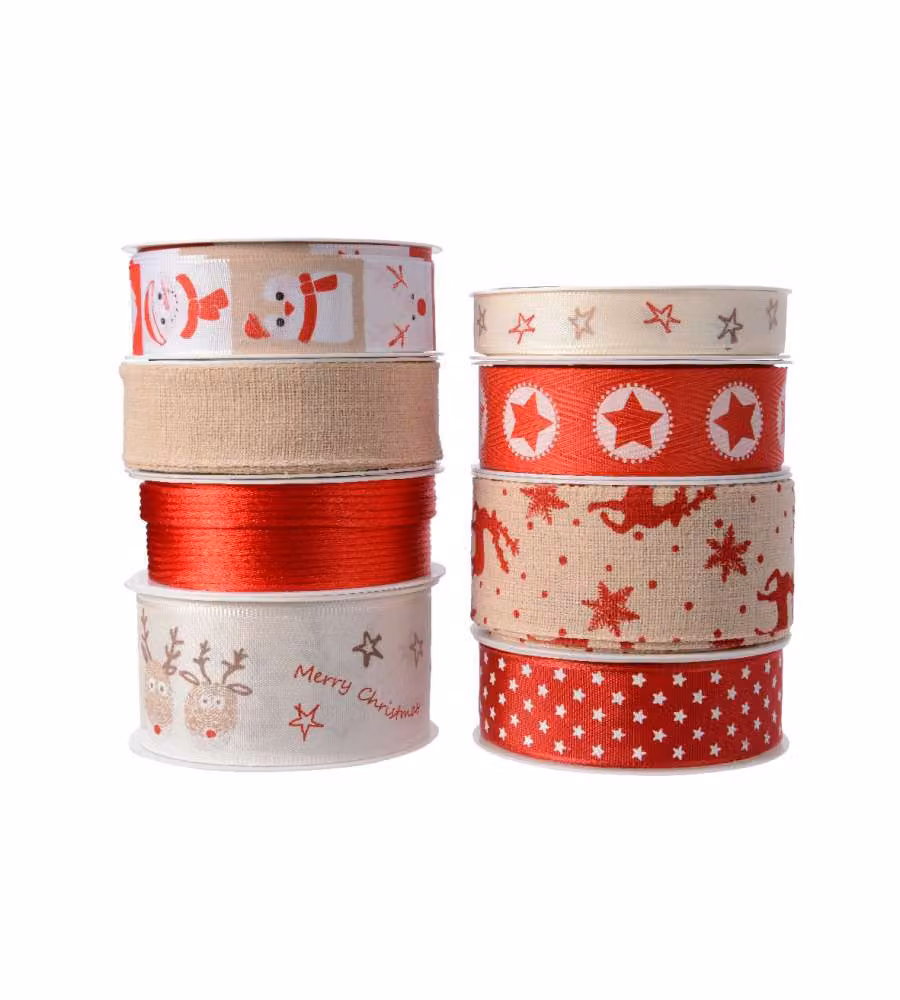 Nastro Natalizio per Pacchi Regalo - Rosso e Crema Fantasie Assortite