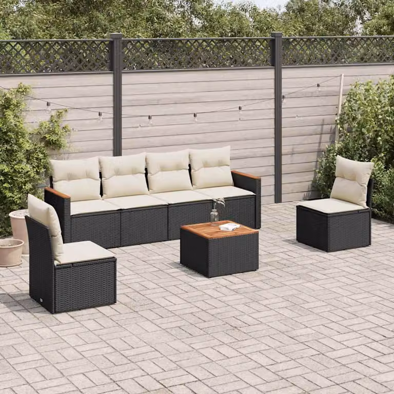 vidaXL Set Divani da Giardino in Polyrattan Nero con Cuscini e Tavolino da Esterno 7pz