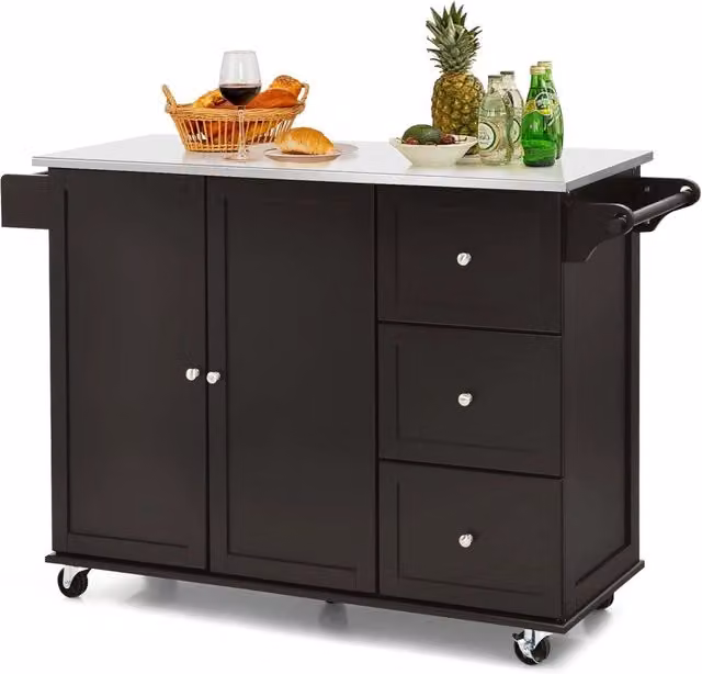 Carrello da cucina Costway con piano in acciaio inox, isola con 3 cassetti, armadietto a 2 ante e ripiani regolabili, L: 135 cm, P: 45,5 cm, H: 91,5 cm, Marrone
