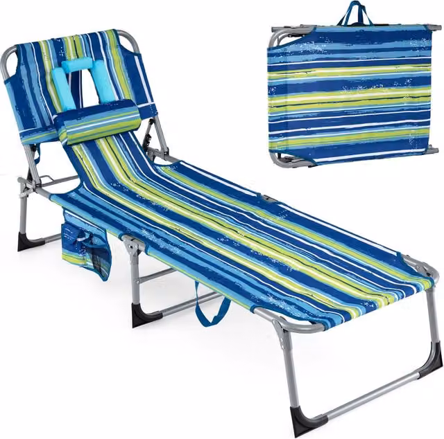 Sdraio da giardino pieghevole in alluminio con schienale regolabile e poggiatesta, sedia a sdraio portatile con tessuto a righe blu e tasche laterali