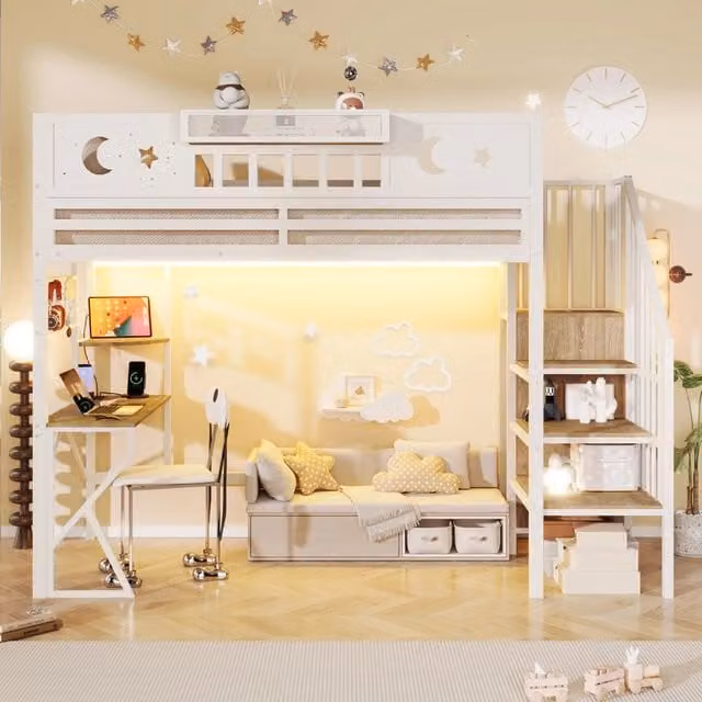 Letto a soppalco 90x200 con scrivania in metallo e MDF; bianco; LED e USB