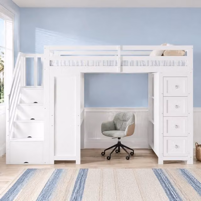 Letto a soppalco singolo per bambini con scrivania, cassetti e scala, bianco, L/P/H: 200 x 90 x 175 cm