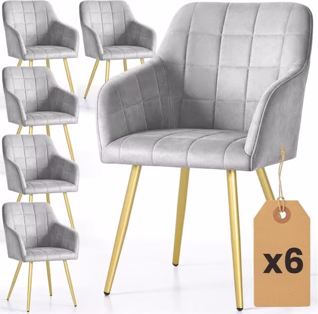 Set di 6 Sedie imbottite con cuciture quadrate LUXANO Grigio gambe oro