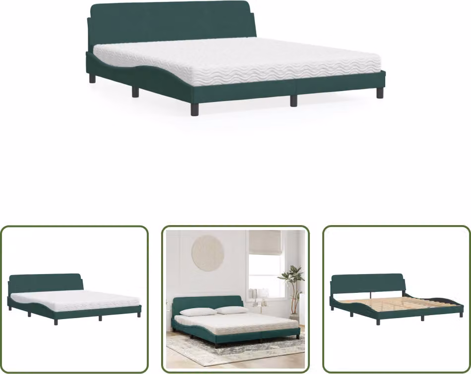 The Living Store Letto con materasso in velluto verde scuro 180x200 cm