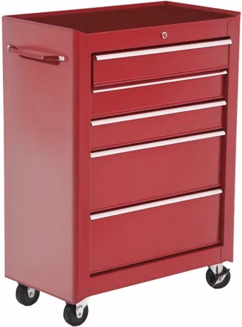 Carrello da officina portautensili su ruote in acciaio rosso con 5 cassetti e serratura 2 chiavi per bricolage 61,5 x 33 x 82,5 cm