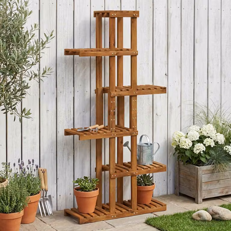 vidaXL Supporto per piante moderno in legno di acacia naturale L: 68 cm, P: 23,5 cm, H: 140 cm