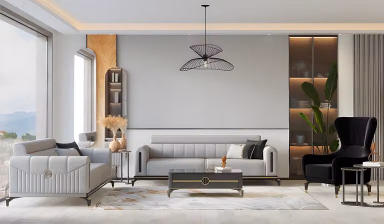 Sofagarnitur Dreisitzer Zweisitzer Sessel Grau Sofa Stoffsofa Luxus