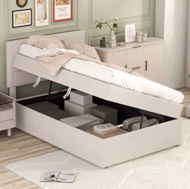 Letto imbottito ULEVR 90x200 cm con contenitore e rete a doghe, beige, in lino e MDF