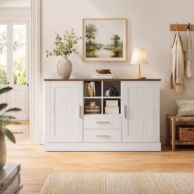 Credenza 140x40x79,5 cm con finiture in legno bianco e marrone, 2 porte e 2 cassetti