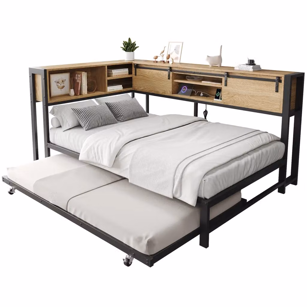 Letto matrimoniale moderno con contenitore e ricarica USB, materiali misti metallo e MDF, L/P/H: 120 x 200 x 142 cm, colori nero e marrone – 2