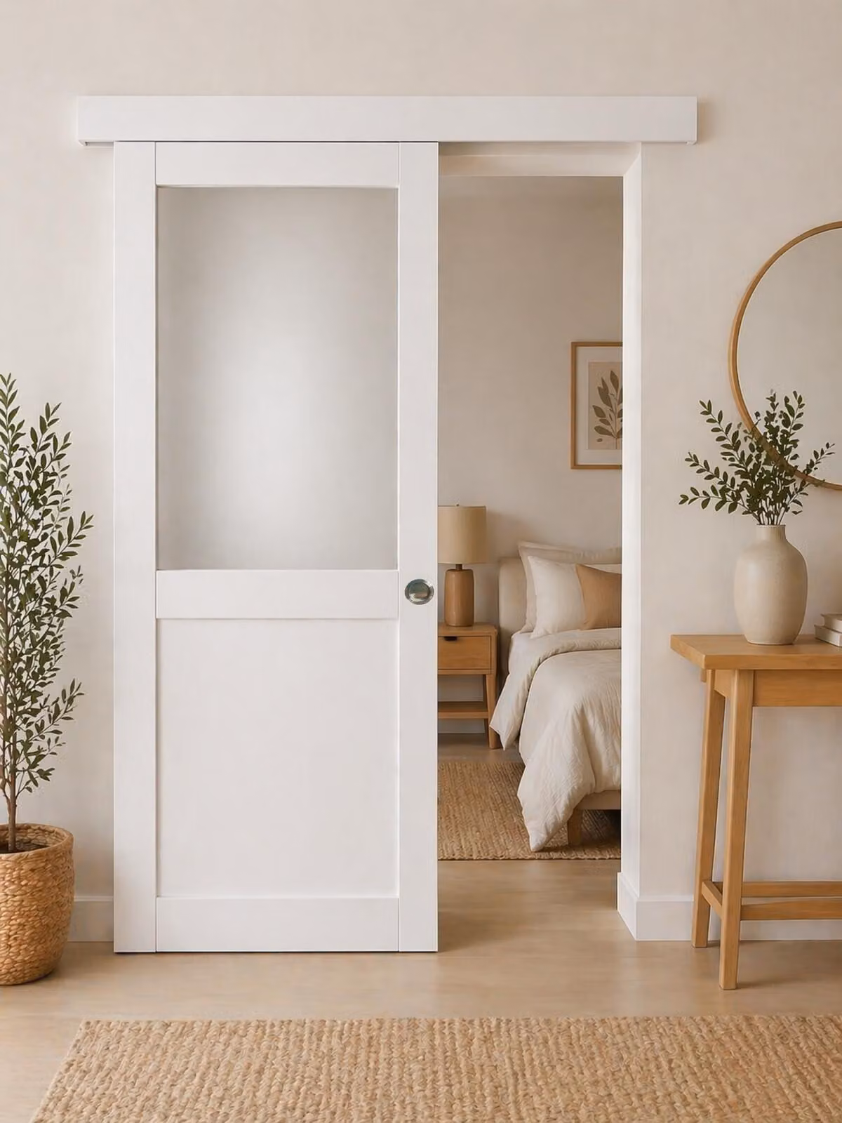 Porta scorrevole Athena bianca H204 x L93 cm, binario in alluminio bianco, conchiglie Gd Menuiseries
