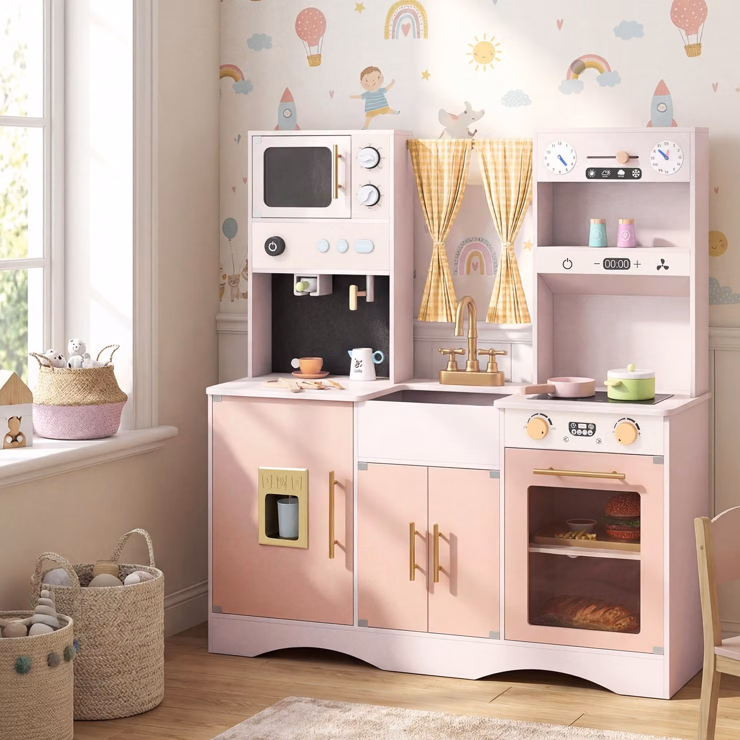 Set da cucina giocattolo in legno Costway con microonde e macchina del caffè, rosa, per bambini dai 3 anni in su